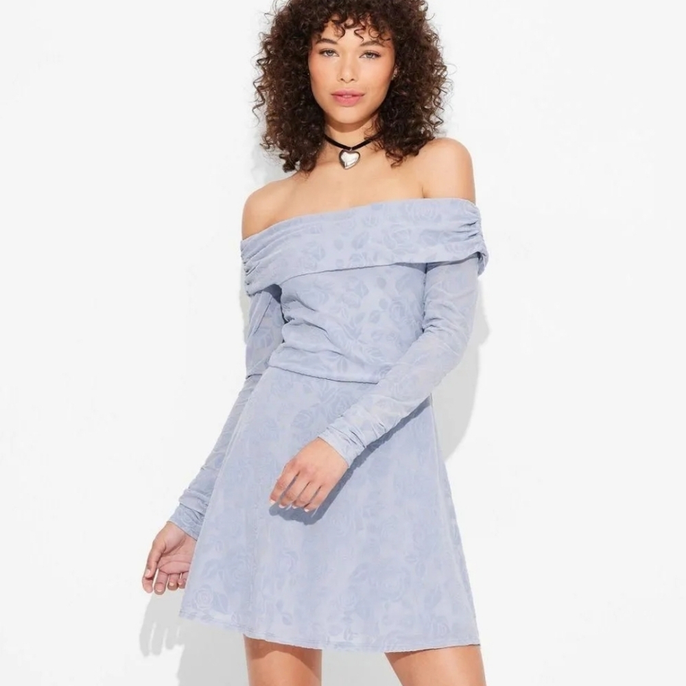 Long Sleeve Flocked Mini Fit and Flare Holiday Dress